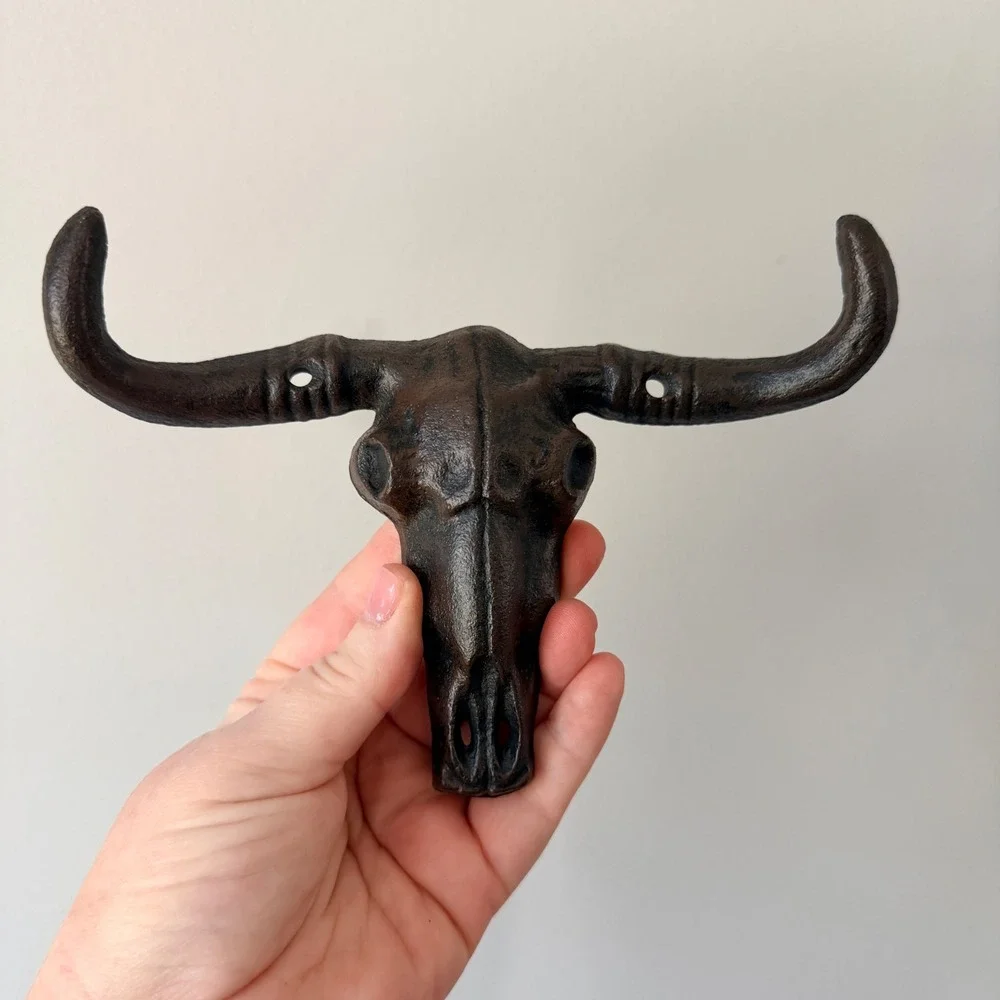 Bull Skull Metal Wall Hook Rustic Western Cowboy Ranch Southwestern Decor